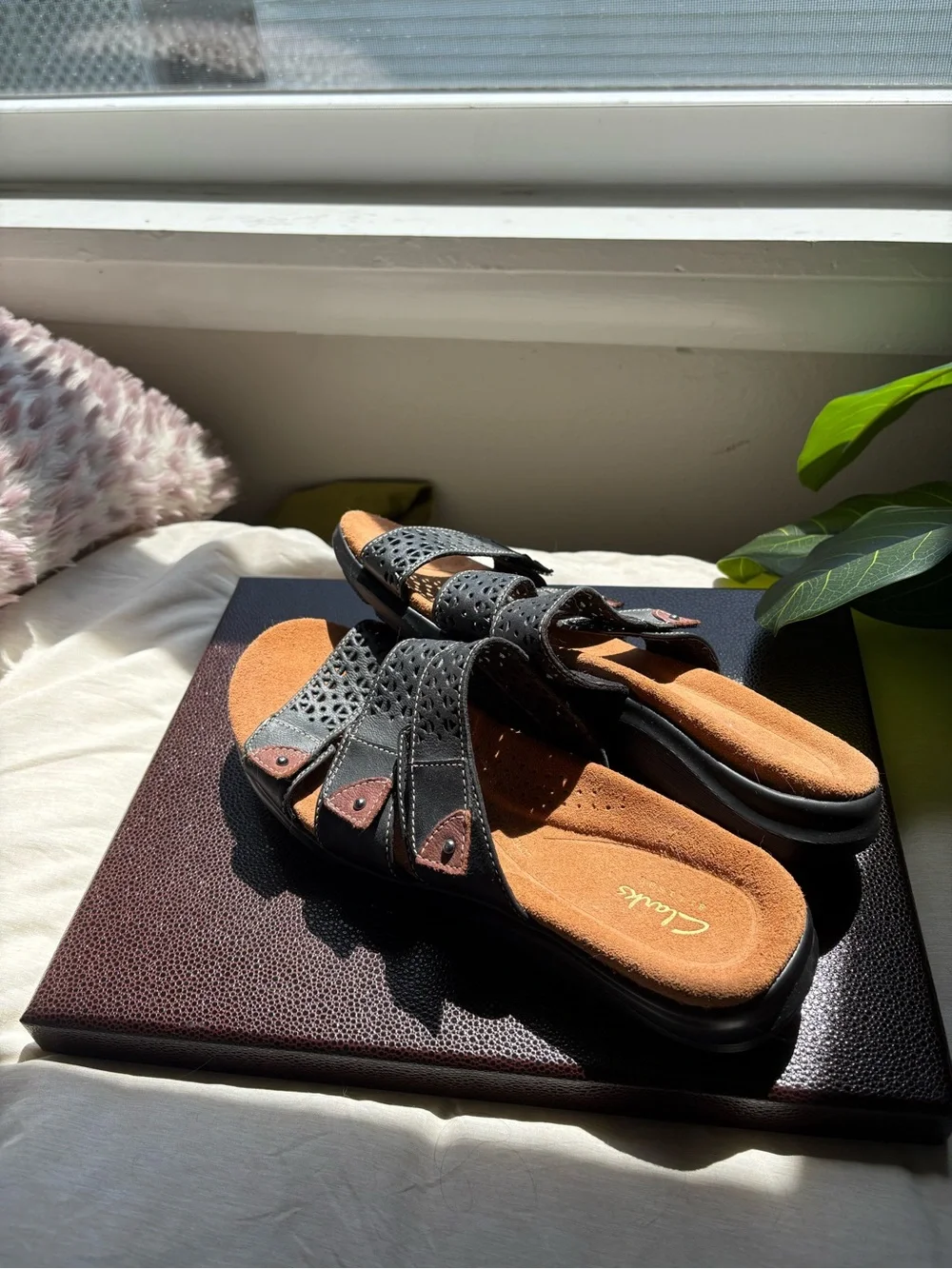 Clarks Black Laser-Cut Triple Strap Slide Sandals with Brown Insole